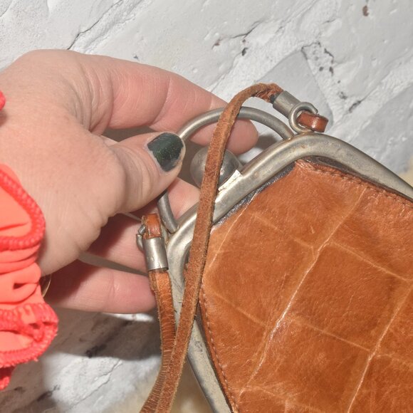 Vintage ANN TAYLOR Croc Embossed Leather Long Crossbody Mini Bag Made in Italy - Picture 7 of 10